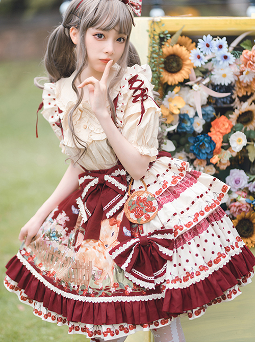 Cherry Fawn Series Sweet Cartoon Print Deer Pattern Decoration Hem Cherry Print Classic Lolita Red Strap Skirt