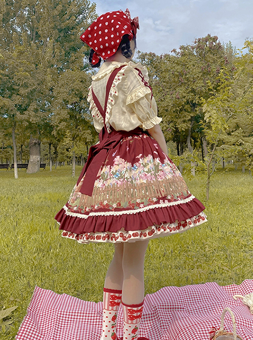 Cherry Fawn Series Sweet Cartoon Print Deer Pattern Decoration Hem Cherry Print Classic Lolita Red Strap Skirt