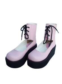 Pink 2.6" Heel High Adorable PU Round Toe Cross Straps Platform Girls Lolita Shoes