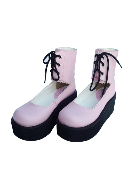 Pink 2.6" Heel High Adorable PU Round Toe Cross Straps Platform Girls Lolita Shoes