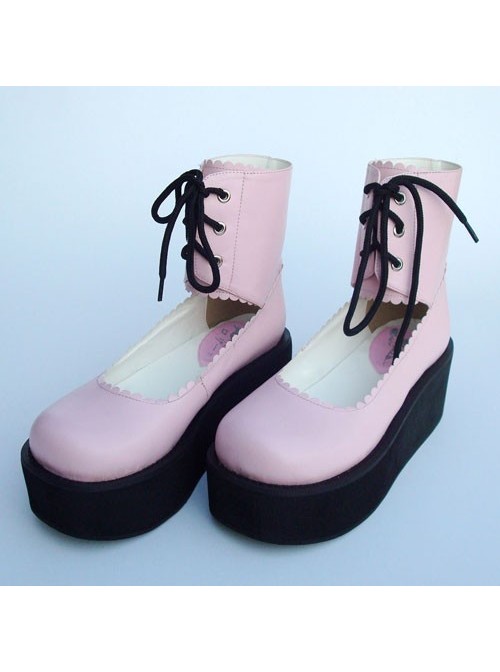 Pink 2.6" Heel High Adorable PU Round Toe Cross Straps Platform Girls Lolita Shoes