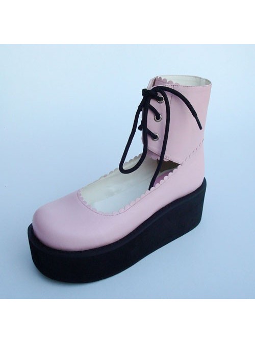 Pink 2.6" Heel High Adorable PU Round Toe Cross Straps Platform Girls Lolita Shoes