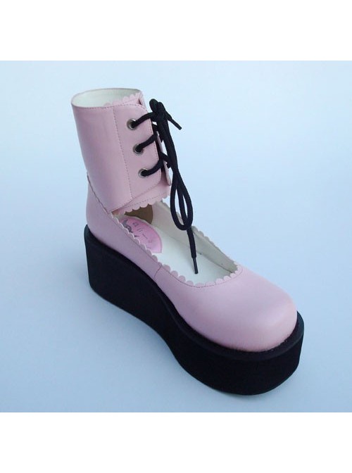 Pink 2.6" Heel High Adorable PU Round Toe Cross Straps Platform Girls Lolita Shoes