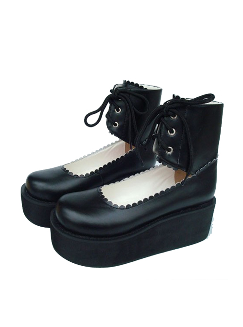 Black 2.6" Heel High Cute PU Round Toe Cross Straps Platform Girls Lolita Shoes