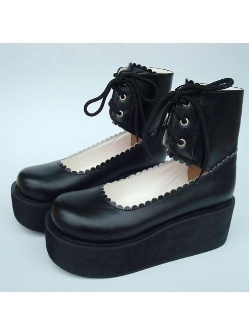 Black 2.6" Heel High Cute PU Round Toe Cross Straps Platform Girls Lolita Shoes