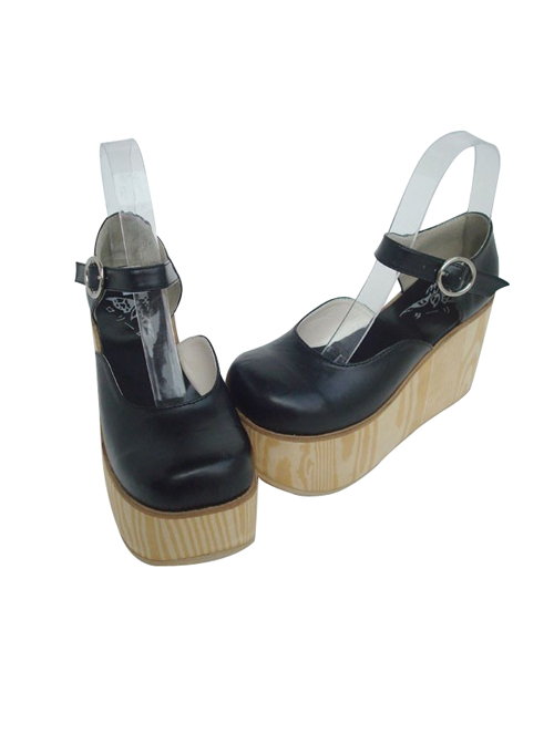 Black 3.7" Heel High Adorable PU Round Toe Cross Straps Platform Girls Lolita Shoes