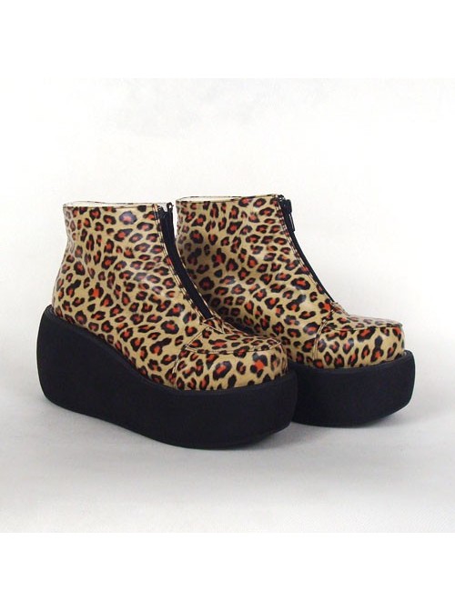 Leopard Brown 3.1" Heel High Special Synthetic Leather Round Toe Ankle Straps Platform Girls Lolita Shoes