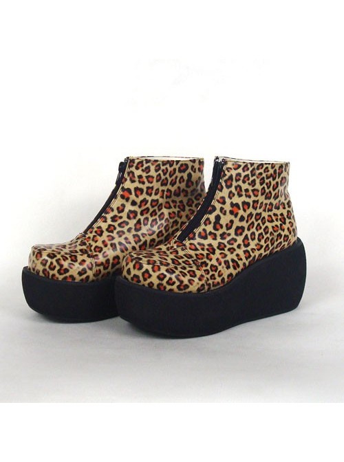 Leopard Brown 3.1" Heel High Special Synthetic Leather Round Toe Ankle Straps Platform Girls Lolita Shoes