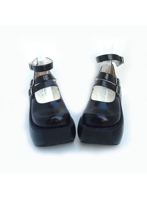 Black 3.9" Heel High Classic Synthetic Leather Round Toe Ankle Straps Platform Lady Lolita Shoes