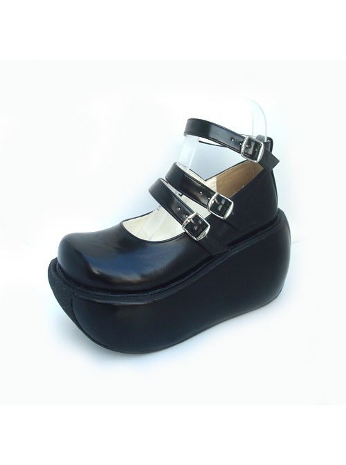 Black 3.9" Heel High Classic Synthetic Leather Round Toe Ankle Straps Platform Lady Lolita Shoes