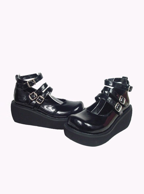 Black 2.5" Heel High Special Synthetic Leather Round Toe Ankle Straps Platform Lady Lolita Shoes