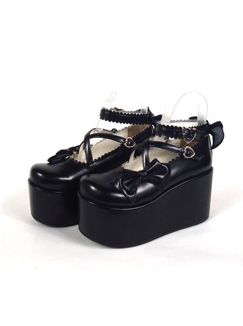 Black 3.9" Heel High Glamorous Synthetic Leather Round Toe Cross Straps Platform Lady Lolita Shoes