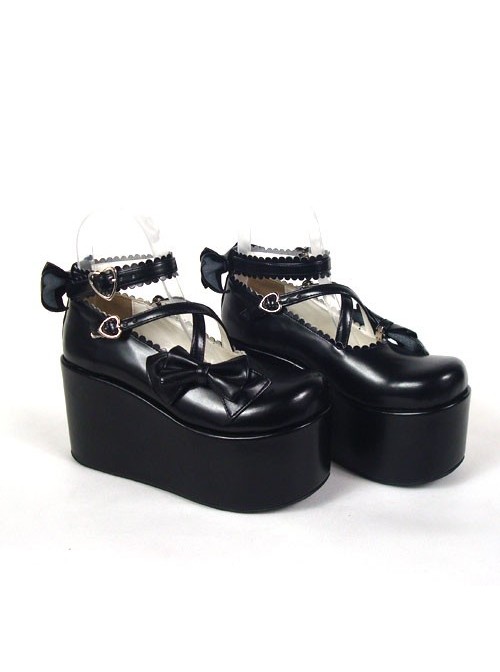 Black 3.9" Heel High Glamorous Synthetic Leather Round Toe Cross Straps Platform Lady Lolita Shoes