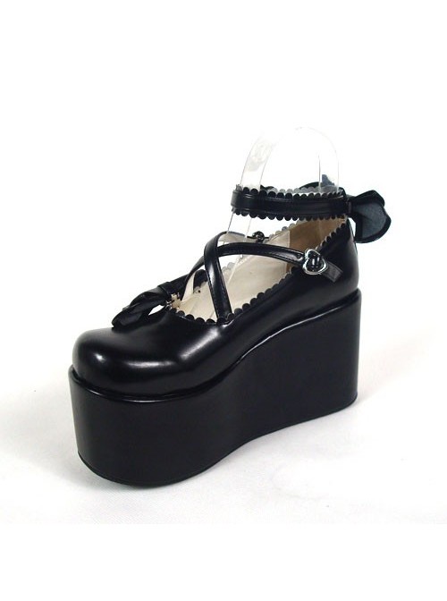 Black 3.9" Heel High Glamorous Synthetic Leather Round Toe Cross Straps Platform Lady Lolita Shoes