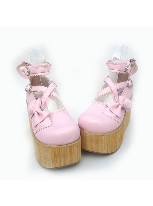 Pink 3.9" Heel High Glamorous Suede Round Toe Cross Straps Platform Lady Lolita Shoes