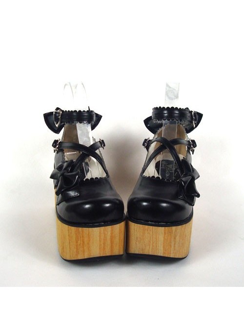 Black 3.9" Heel High Cute Polyurethane Round Toe Cross Straps Platform Lady Lolita Shoes