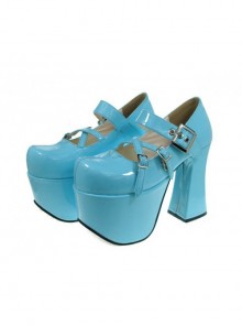 Sky-Blue 4.9" Heel High Classic Suede Round Toe Cross Straps Platform Lady Lolita Shoes