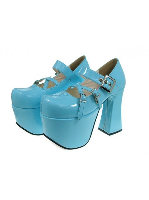Sky-Blue 4.9" Heel High Classic Suede Round Toe Cross Straps Platform Lady Lolita Shoes