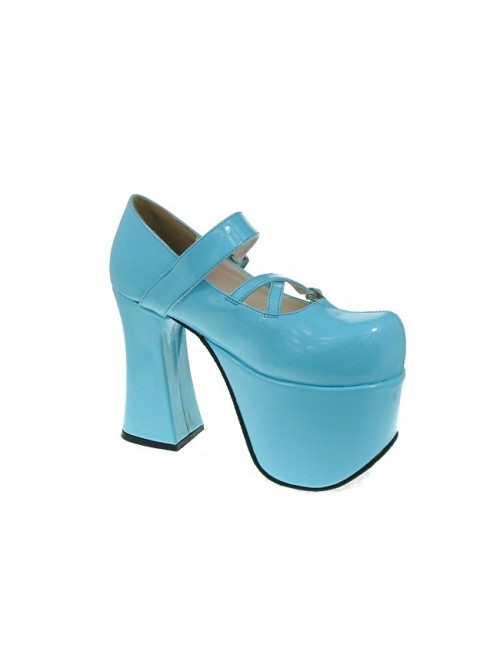 Sky-Blue 4.9" Heel High Classic Suede Round Toe Cross Straps Platform Lady Lolita Shoes