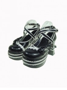 Black & White 3.7" Heel High Glamorous Polyurethane Round Toe Cross Straps Platform Lady Lolita Shoes