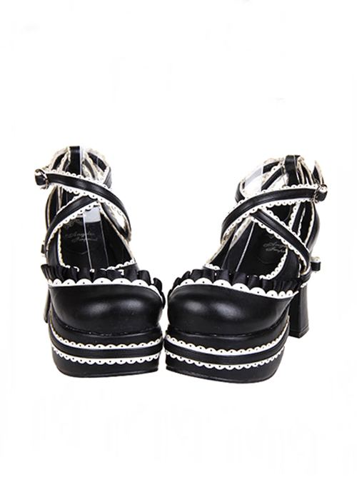 Black & White 3.7" Heel High Glamorous Polyurethane Round Toe Cross Straps Platform Lady Lolita Shoes