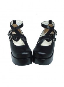 Black 2.0" Heel High Glamorous Suede Round Toe Cross Straps Platform Lady Lolita Shoes