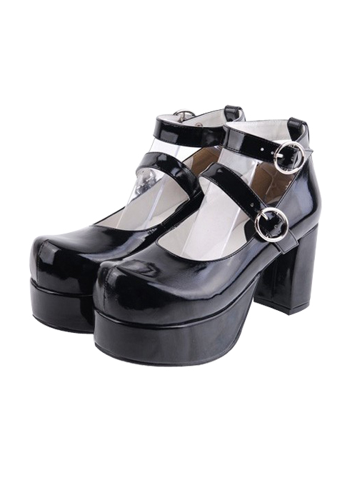 Black 3.1" Heel High Gorgeous Synthetic Leather Round Toe Cross Straps Platform Lady Lolita Shoes