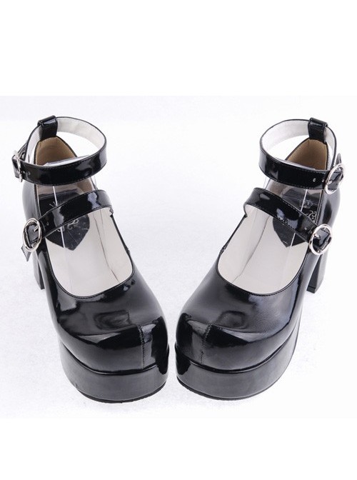 Black 3.1" Heel High Gorgeous Synthetic Leather Round Toe Cross Straps Platform Lady Lolita Shoes