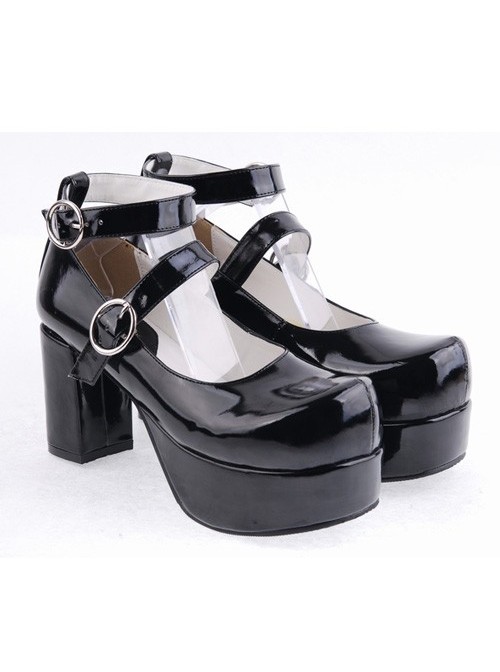 Black 3.1" Heel High Gorgeous Synthetic Leather Round Toe Cross Straps Platform Lady Lolita Shoes