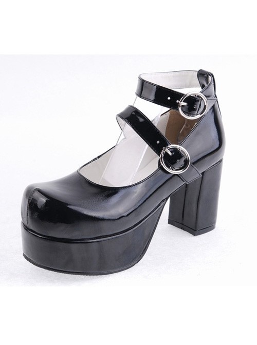 Black 3.1" Heel High Gorgeous Synthetic Leather Round Toe Cross Straps Platform Lady Lolita Shoes