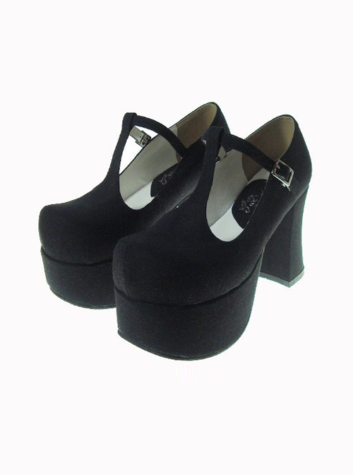 Black 3.7" Heel High Glamorous Round-toe Cross Straps Platform Lady Lolita Shoes