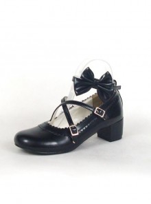 Black 1.8" Heel High Cute Synthetic Leather Round Toe Bow Platform Lady Lolita Shoes