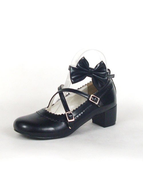 Black 1.8" Heel High Cute Synthetic Leather Round Toe Bow Platform Lady Lolita Shoes