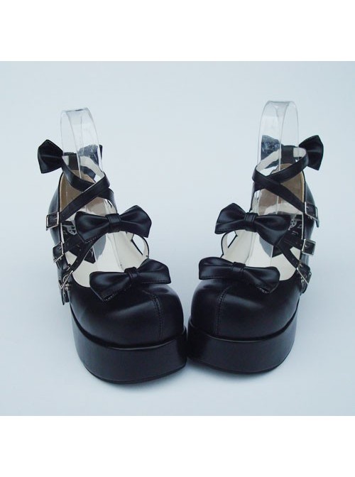 Black 3.1" Heel High Special PU Round Toe Bow Platform Lady Lolita Shoes