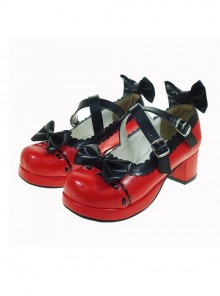 Red & Black 1.8" Heel High Cute PU Round Toe Bow Platform Lady Lolita Shoes