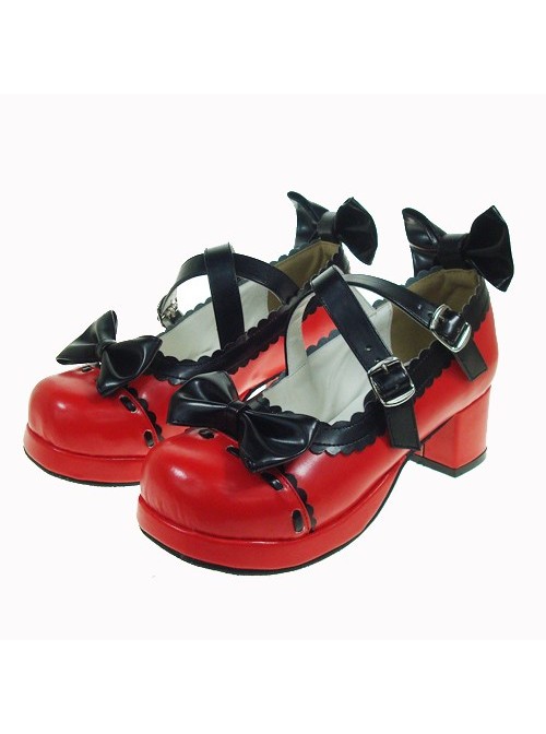 Red & Black 1.8" Heel High Cute PU Round Toe Bow Platform Lady Lolita Shoes