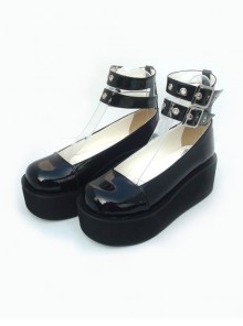 Black 2.5" Heel High Elegant Synthetic Leather Round Toe Cross Straps Platform Women Lolita Shoes