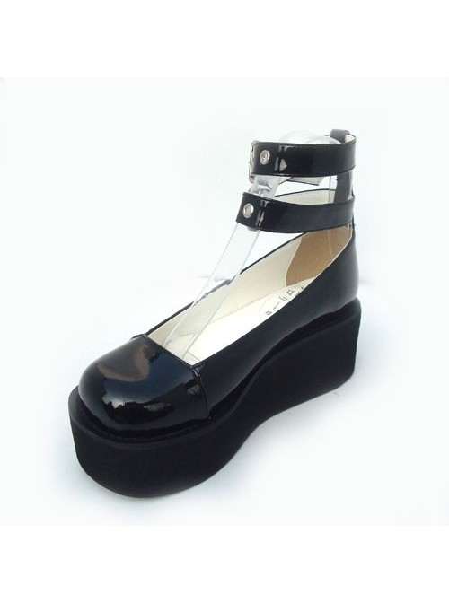 Black 2.5" Heel High Elegant Synthetic Leather Round Toe Cross Straps Platform Women Lolita Shoes