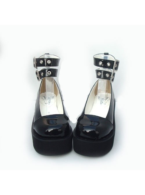 Black 2.5" Heel High Elegant Synthetic Leather Round Toe Cross Straps Platform Women Lolita Shoes