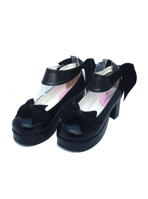 Black 3.1" Heel High Elegant PU Round Toe Cross Straps Platform Women Lolita Shoes