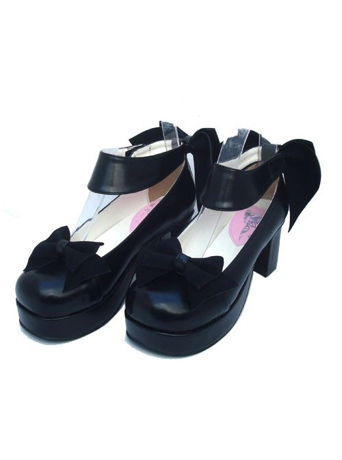 Black 3.1" Heel High Elegant PU Round Toe Cross Straps Platform Women Lolita Shoes