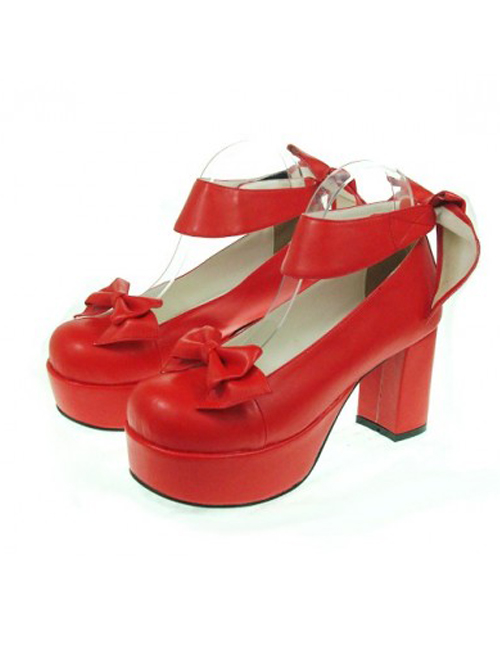 Red 3.1" Heel High Lovely PU Round Toe Cross Straps Platform Women Lolita Shoes