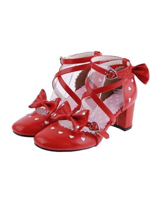 Red 2.5" Heel High Classic Synthetic Leather Point Toe Cross Straps Platform Women Lolita Shoes