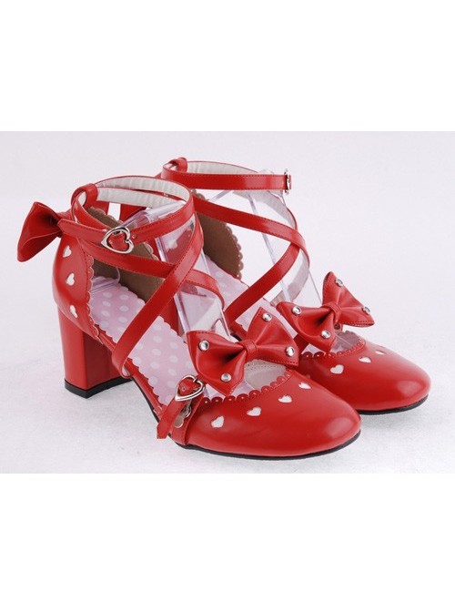 Red 2.5" Heel High Classic Synthetic Leather Point Toe Cross Straps Platform Women Lolita Shoes