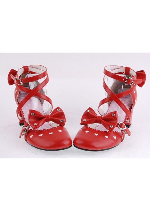 Red 2.5" Heel High Classic Synthetic Leather Point Toe Cross Straps Platform Women Lolita Shoes