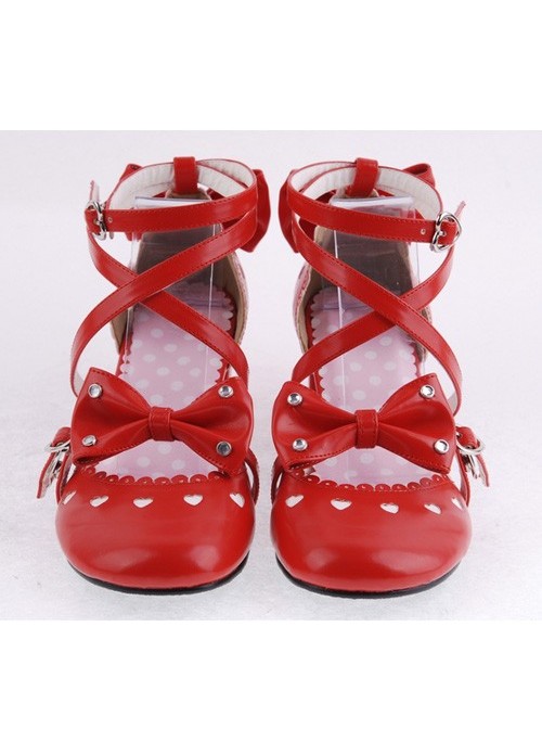 Red 2.5" Heel High Classic Synthetic Leather Point Toe Cross Straps Platform Women Lolita Shoes