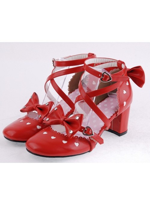 Red 2.5" Heel High Classic Synthetic Leather Point Toe Cross Straps Platform Women Lolita Shoes