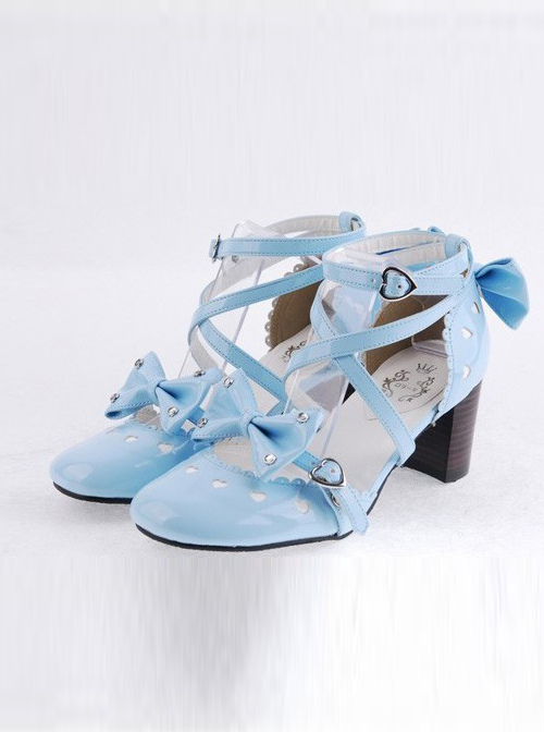 Sky-Blue 2.5" Heel High Elegant Patent Leather Point Toe Cross Straps Platform Women Lolita Shoes