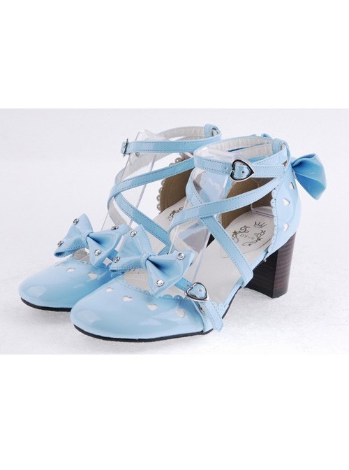 Sky-Blue 2.5" Heel High Elegant Patent Leather Point Toe Cross Straps Platform Women Lolita Shoes