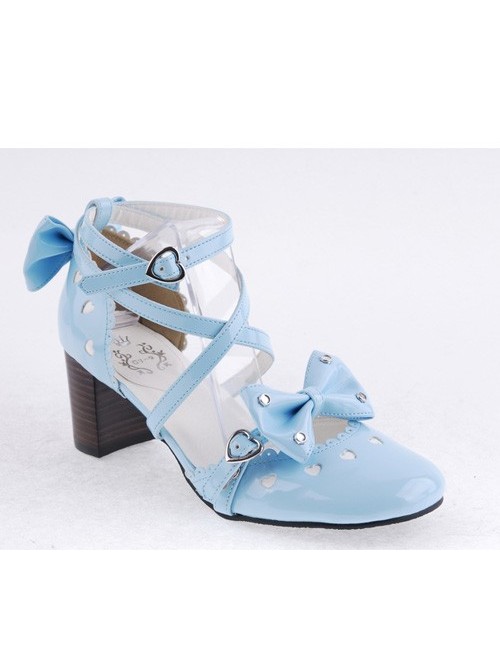 Sky-Blue 2.5" Heel High Elegant Patent Leather Point Toe Cross Straps Platform Women Lolita Shoes